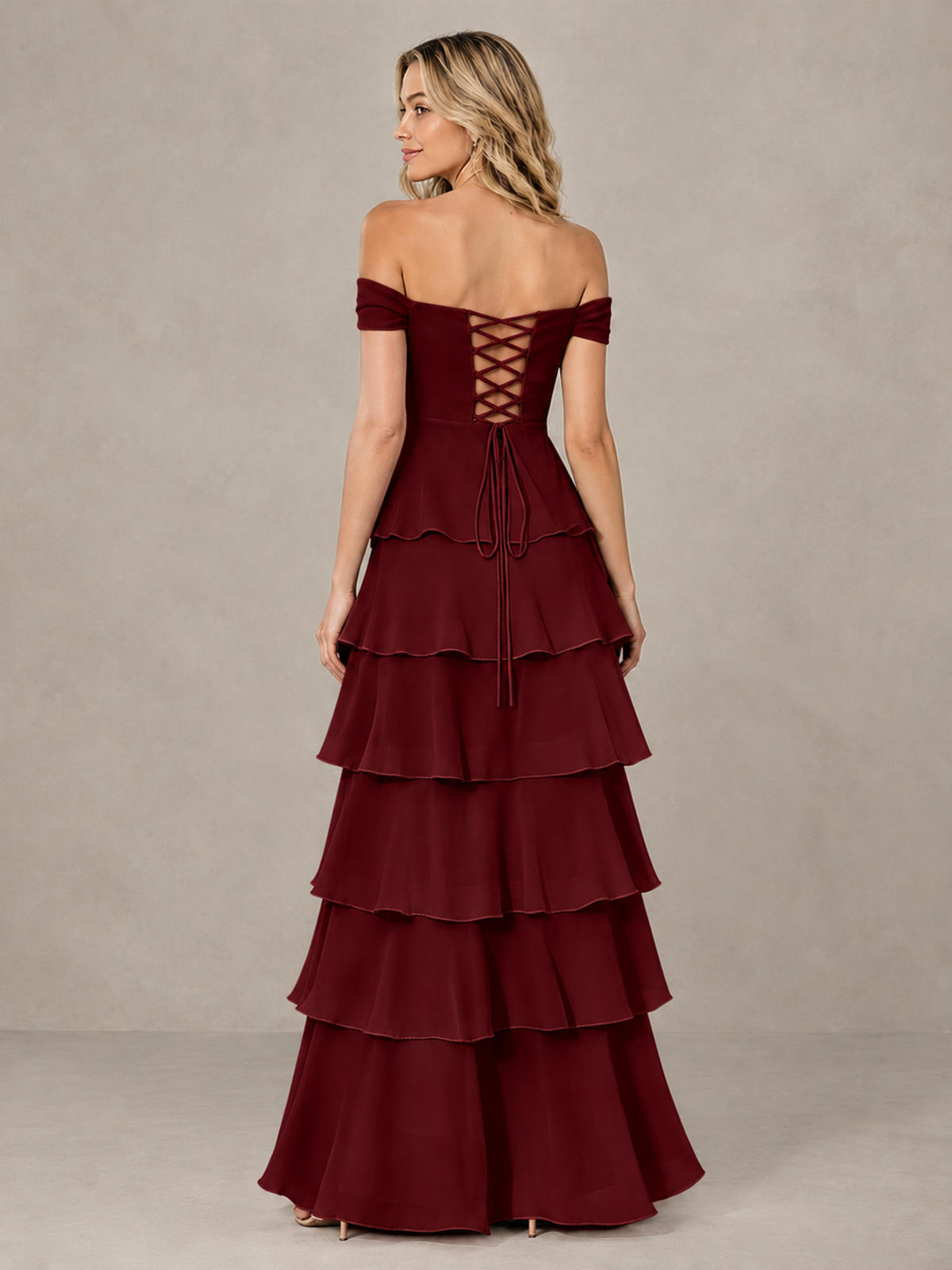 BOLODOO Burgundy Off-Shoulder Tiered Ruffle Bridesmaid Dress with Lace-Up Back - Burgundy - Burgundy_2