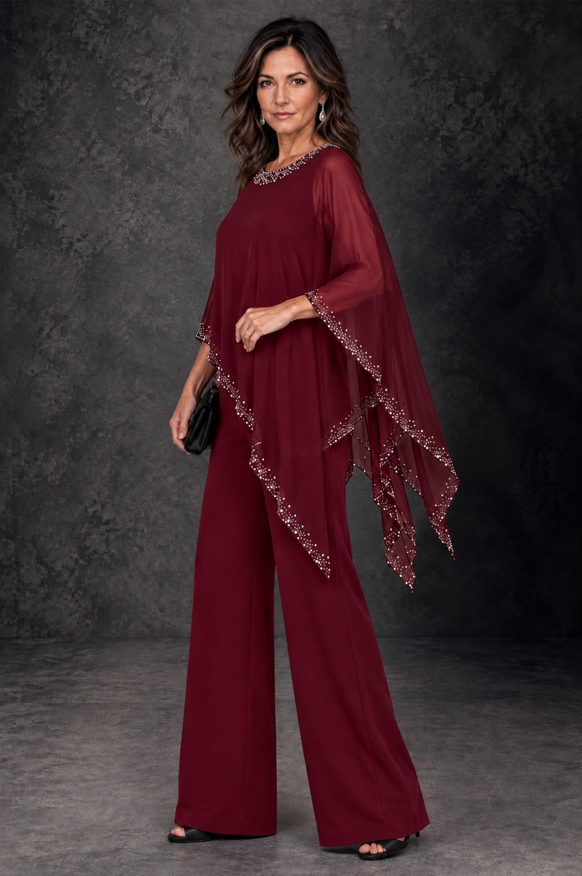 BOLODOO Burgundy Embellished Cape Mother of the Bride Pantsuit - Burgundy - Burgundy_2