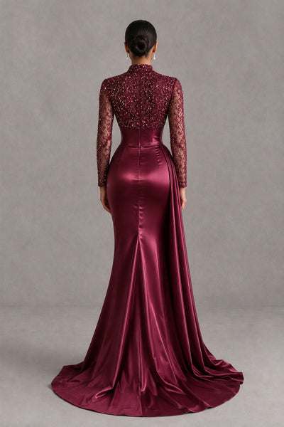 BOLODOO Burgundy Long Sleeve Embellished Satin Mermaid Evening Gown - Burgundy - Burgundy_2