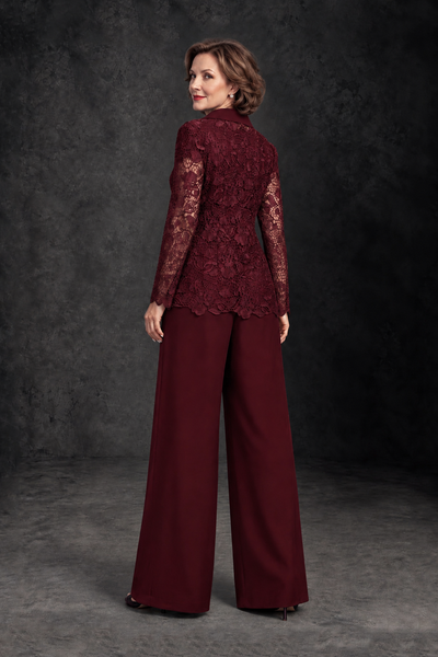 Burgundy Lace Mother of the Bride Groom Pant Suit Wide-Leg Formal Dress - Burgundy - Burgundy_2