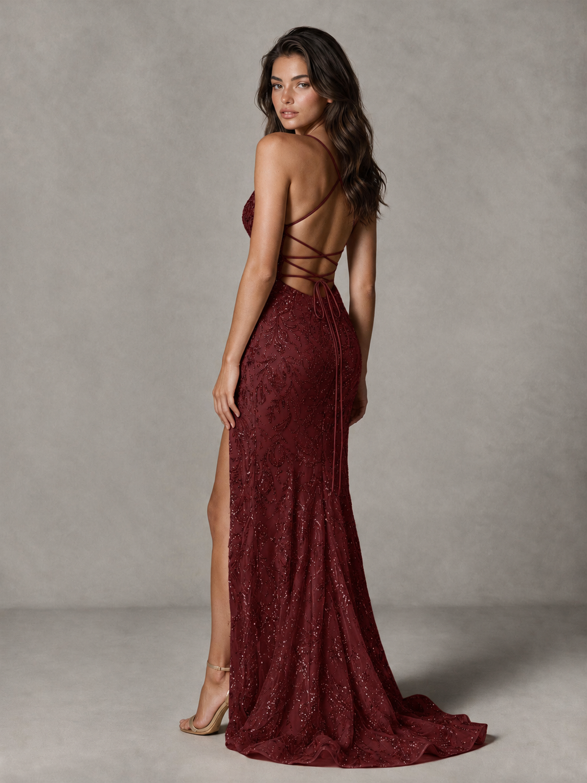 BOLODOO Burgundy Sequin Prom Dress with Lace-Up Back and High Slit - Burgundy - Burgundy_2