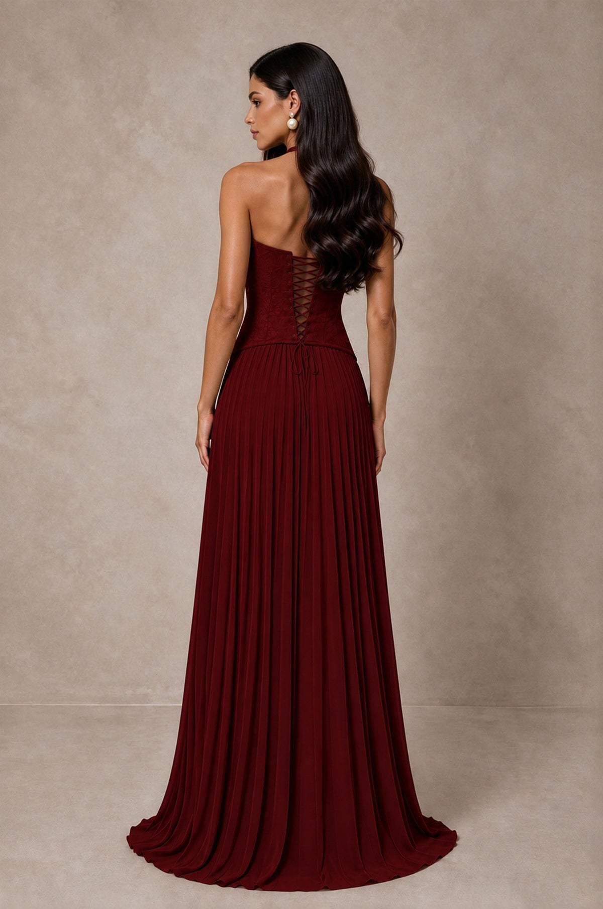BOLODOO Burgundy Halter Corset Pleated A-Line Evening Dress - Burgundy - Burgundy_2