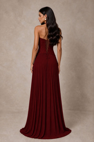 BOLODOO Burgundy Halter Corset Pleated A-Line Evening Dress - Burgundy - Burgundy_2