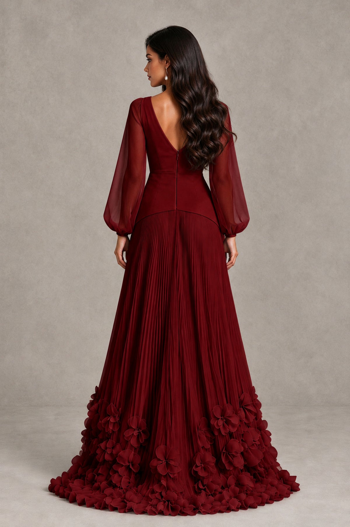 BOLODOO Burgundy V-Neck Long Sleeve Pleated Floral Hem Evening Dress - Burgundy - Burgundy_2