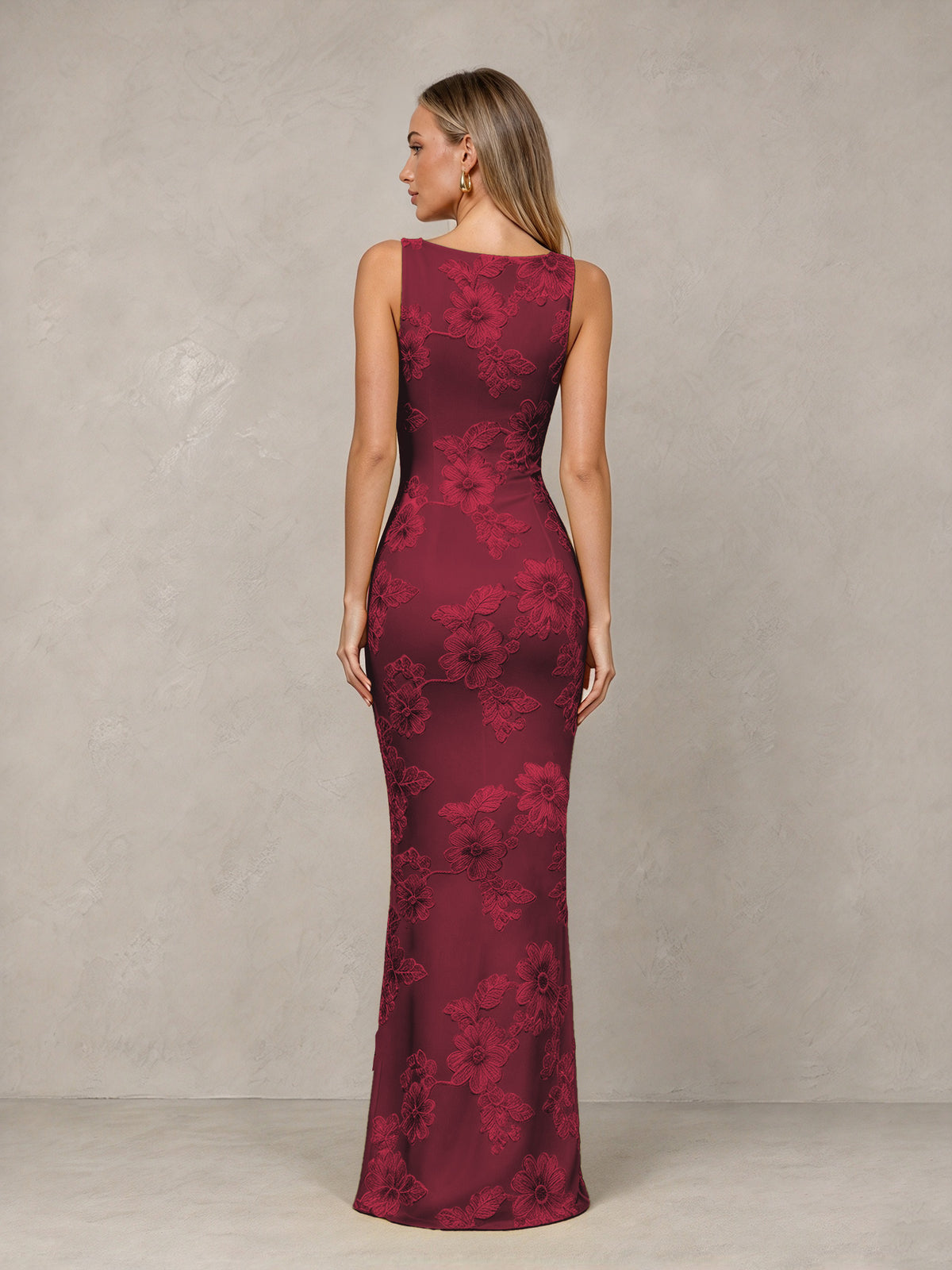 BOLODOO Burgundy Floral Sleeveless Maxi Wedding Guest Dress - Burgundy - Burgundy(2)