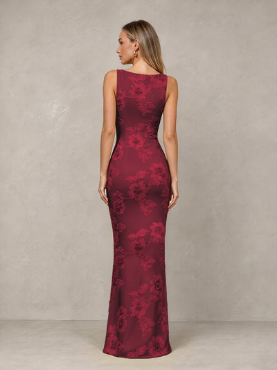 BOLODOO Burgundy Floral Sleeveless Maxi Wedding Guest Dress - Burgundy - Burgundy(2)