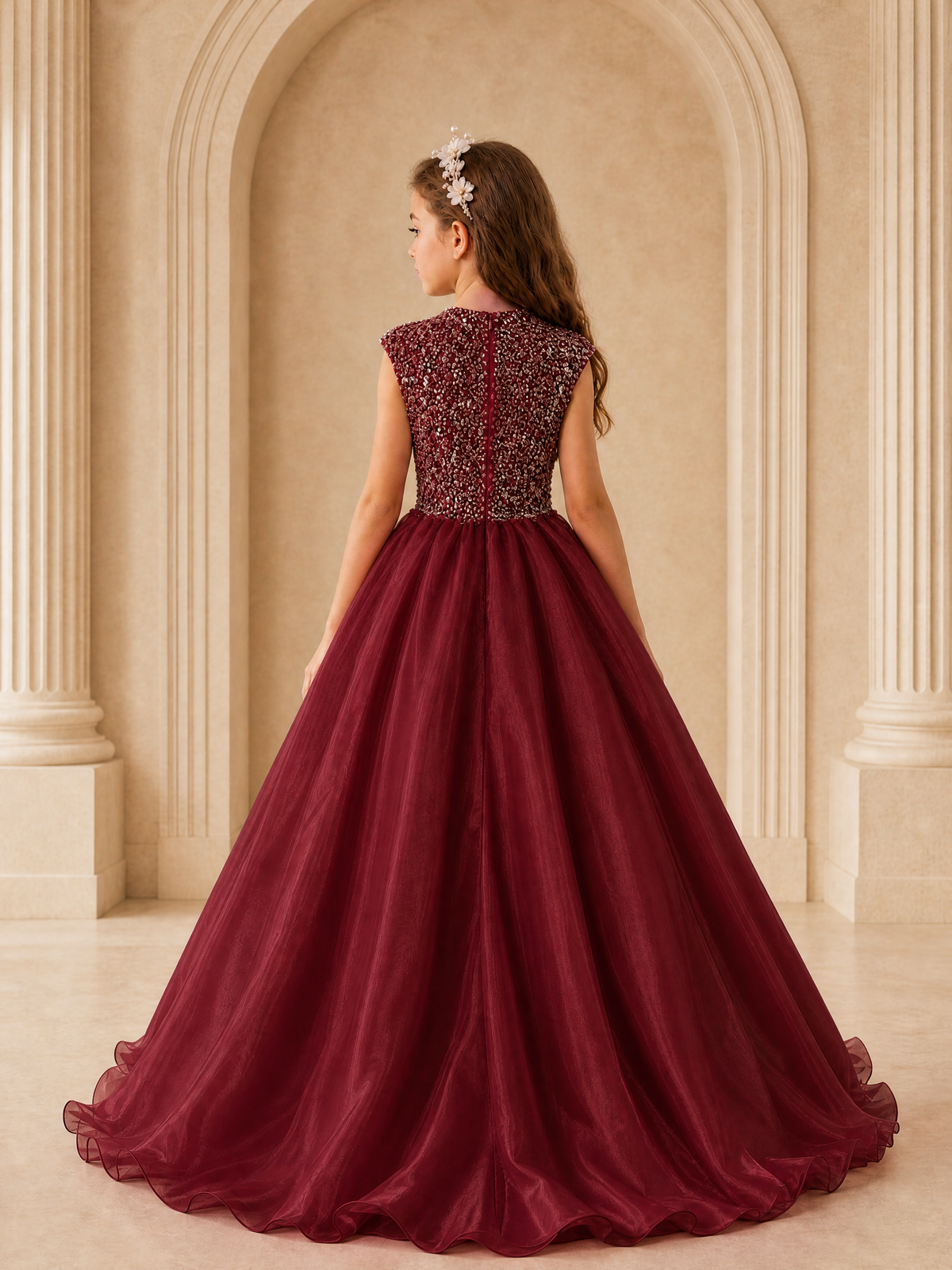 BOLODOO Burgundy Sequin Tulle Flower Girl Dress with Cap Sleeves - Burgundy - Burgundy_2