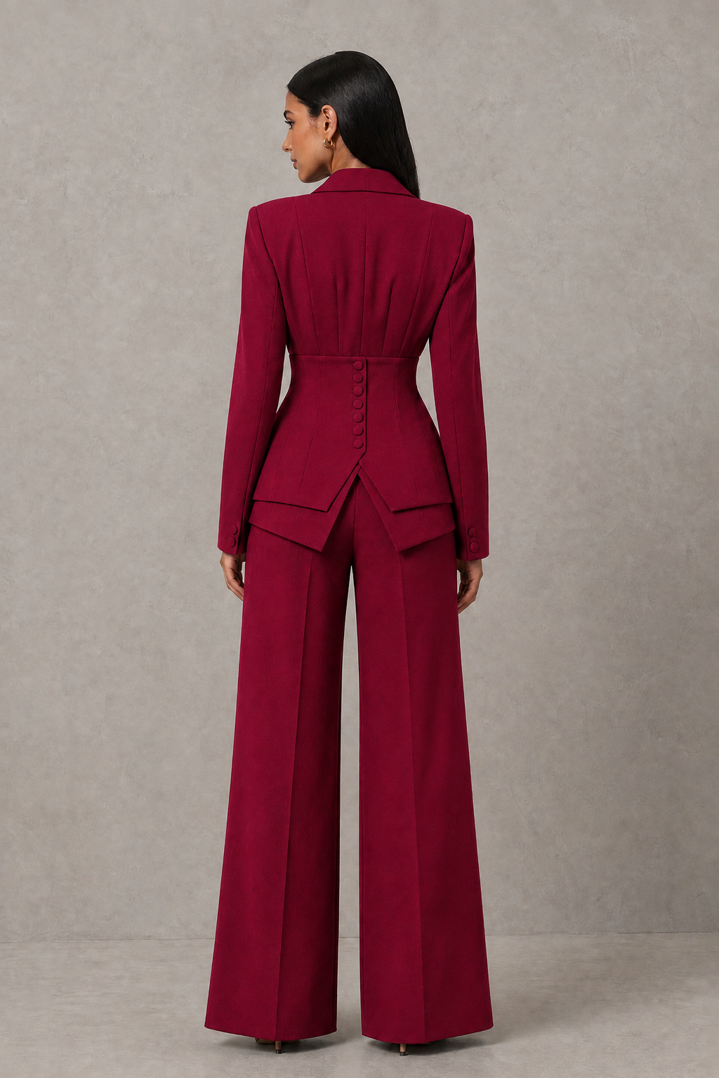 BOLODOO Burgundy Cinched Waist Blazer and Wide Leg Pants Two Piece Suit Set - Burgundy
