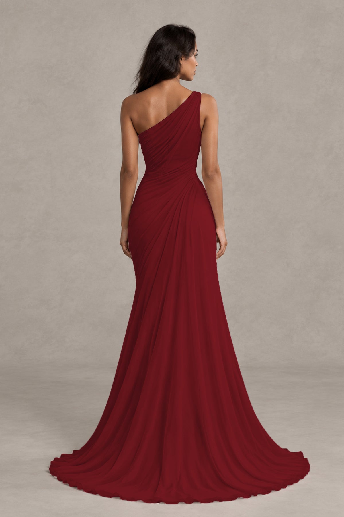 BOLODOO Burgundy One-Shoulder Floral Ruched Maxi Dress - Burgundy