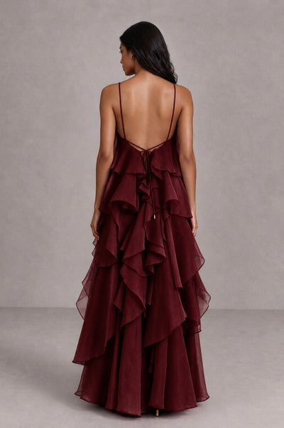 BOLODOO Burgundy Cascading Ruffle Rosette Open-Back Maxi Dress - Burgundy - Burgundy_2