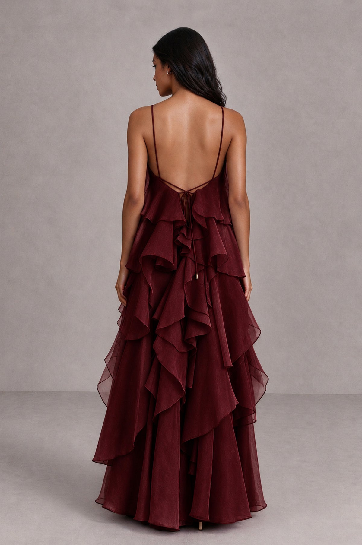 BOLODOO Burgundy Cascading Ruffle Rosette Open-Back Maxi Dress - Burgundy - Burgundy_2