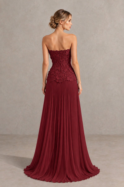 BOLODOO Burgundy Strapless Floral Applique Pleated Evening Dress - Burgundy - Burgundy_2