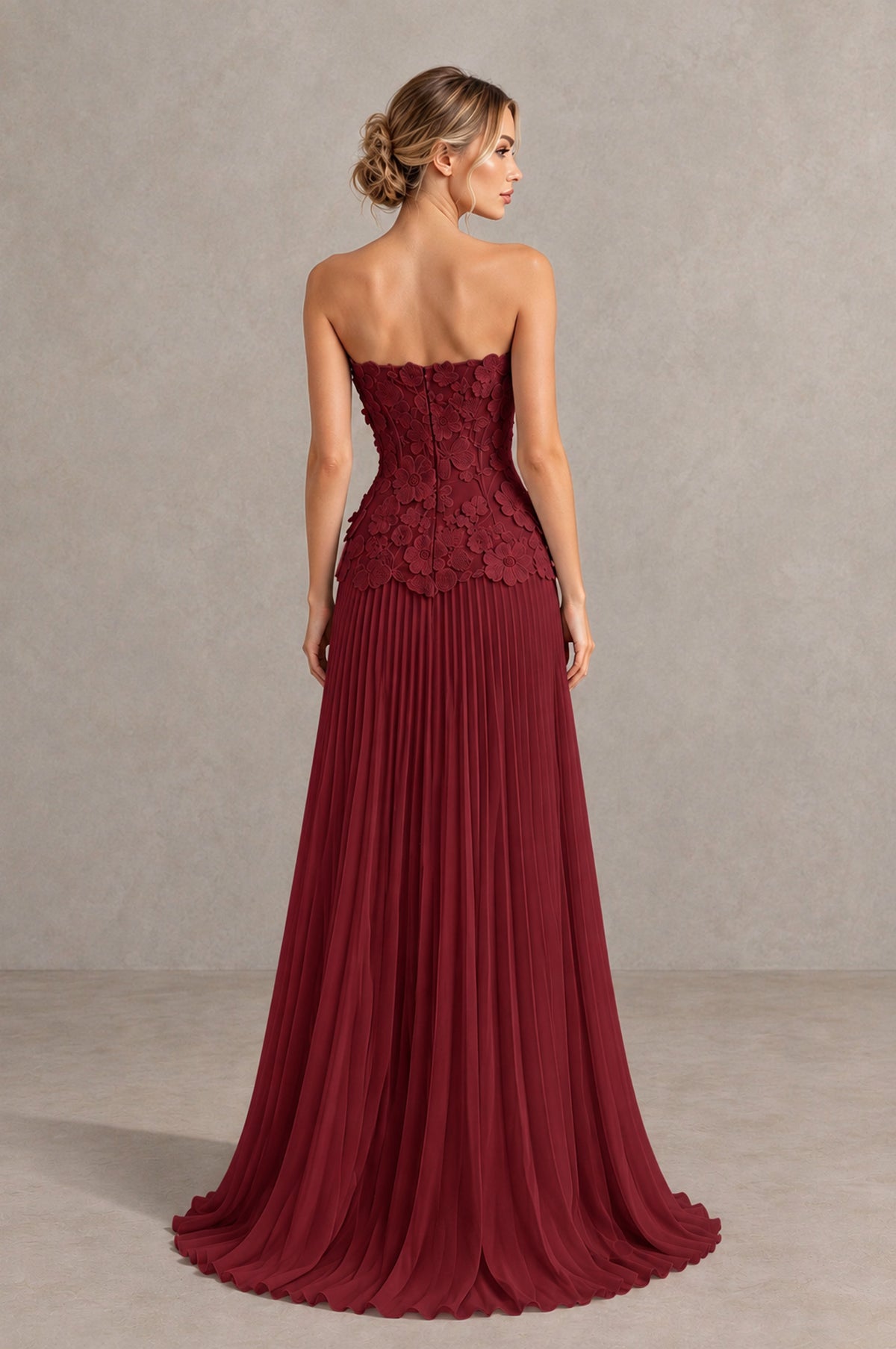 BOLODOO Burgundy Strapless Floral Applique Pleated Evening Dress - Burgundy - Burgundy_2