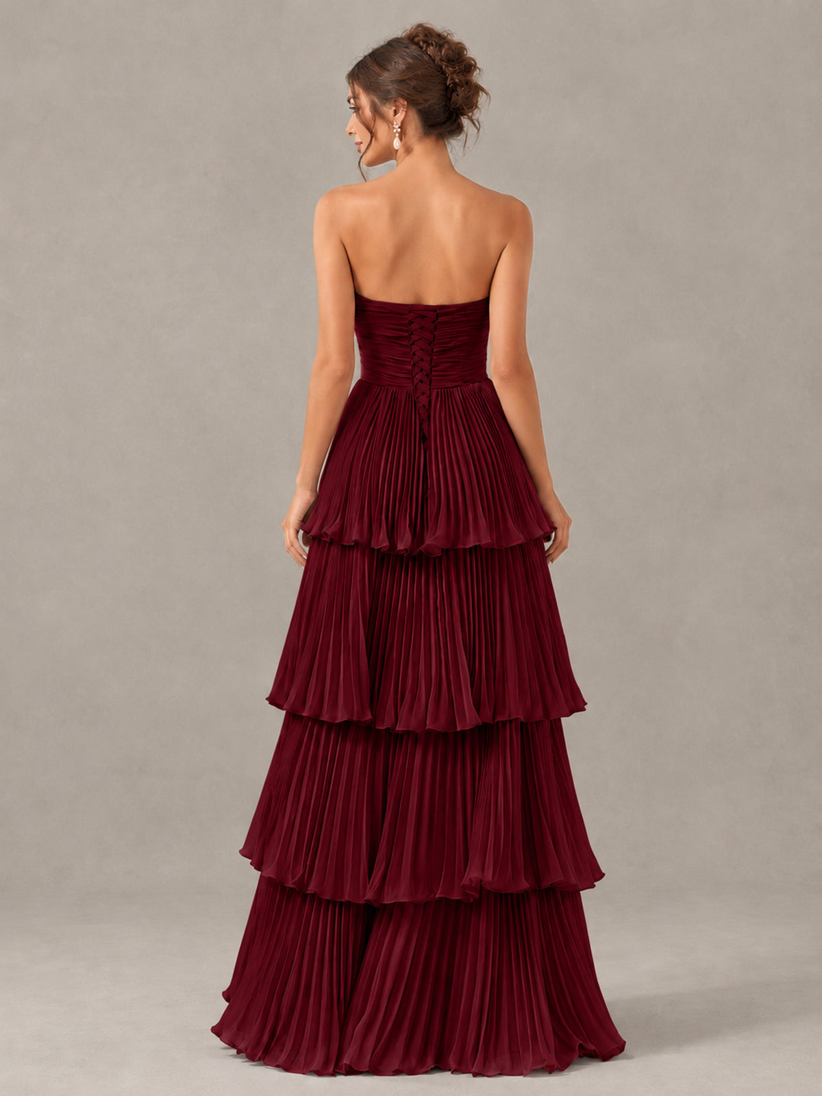 BOLODOO Burgundy Strapless Tiered Pleated Bridesmaid Dress - Burgundy - Burgundy_2