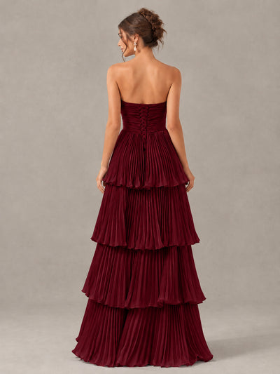 BOLODOO Burgundy Strapless Tiered Pleated Bridesmaid Dress - Burgundy - Burgundy_2