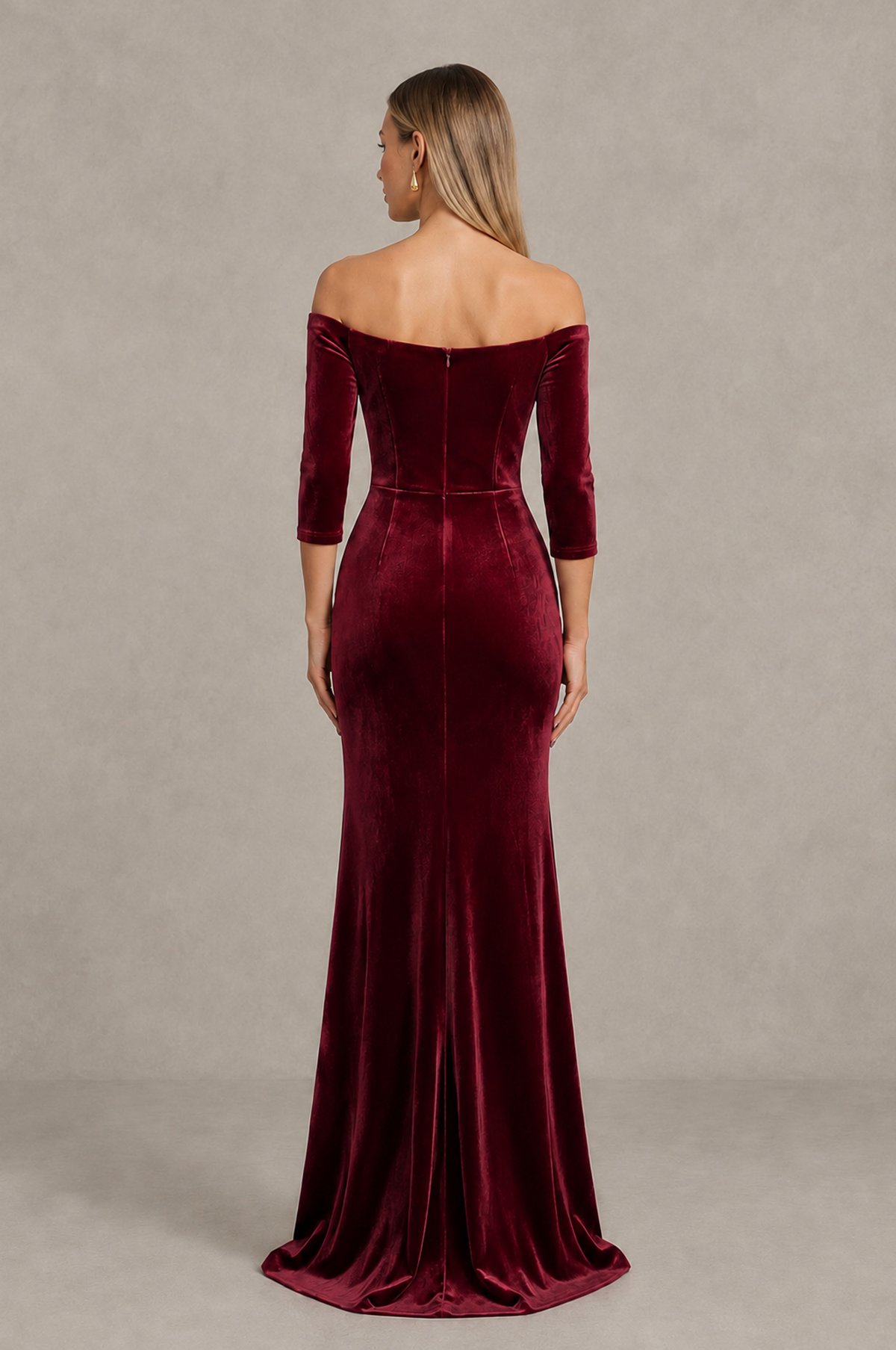 BOLODOO Burgundy Off-Shoulder Velvet Evening Dress with High Slit - Burgundy - Burgundy_2