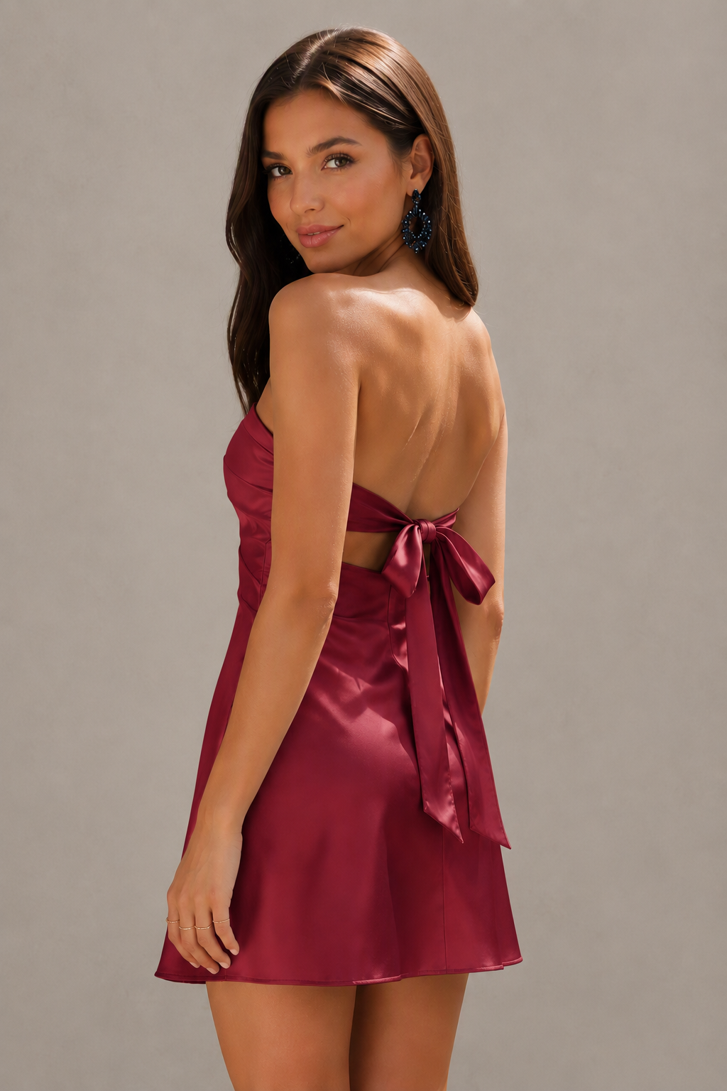 BOLODOO Mint Burgundy Satin Strapless Twist Cutout Mini Dress with Bow-Tie Open Back - Burgundy