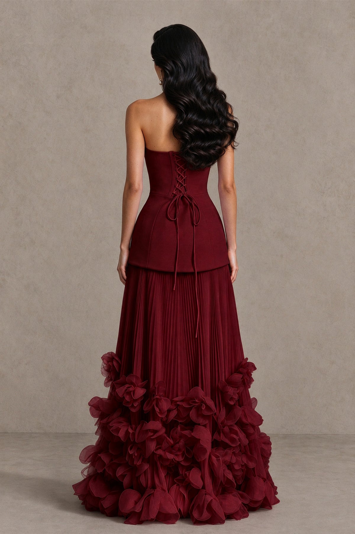 BOLODOO Burgundy Strapless Pleated Floral Hem Evening Gown - Burgundy - Burgundy_2