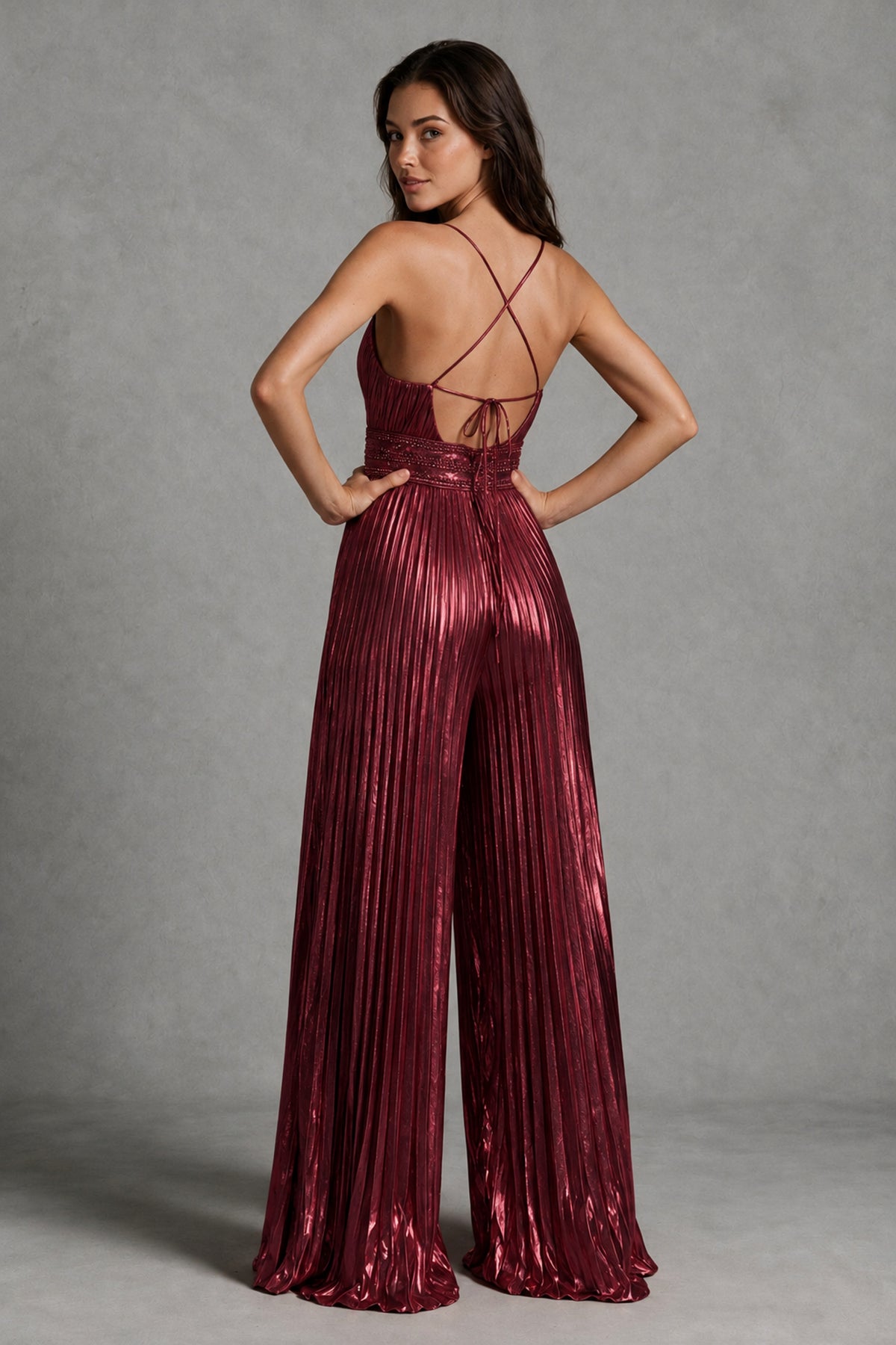 BOLODOO Burgundy Pleated Wide-Leg Jumpsuit with Open Back - Burgundy