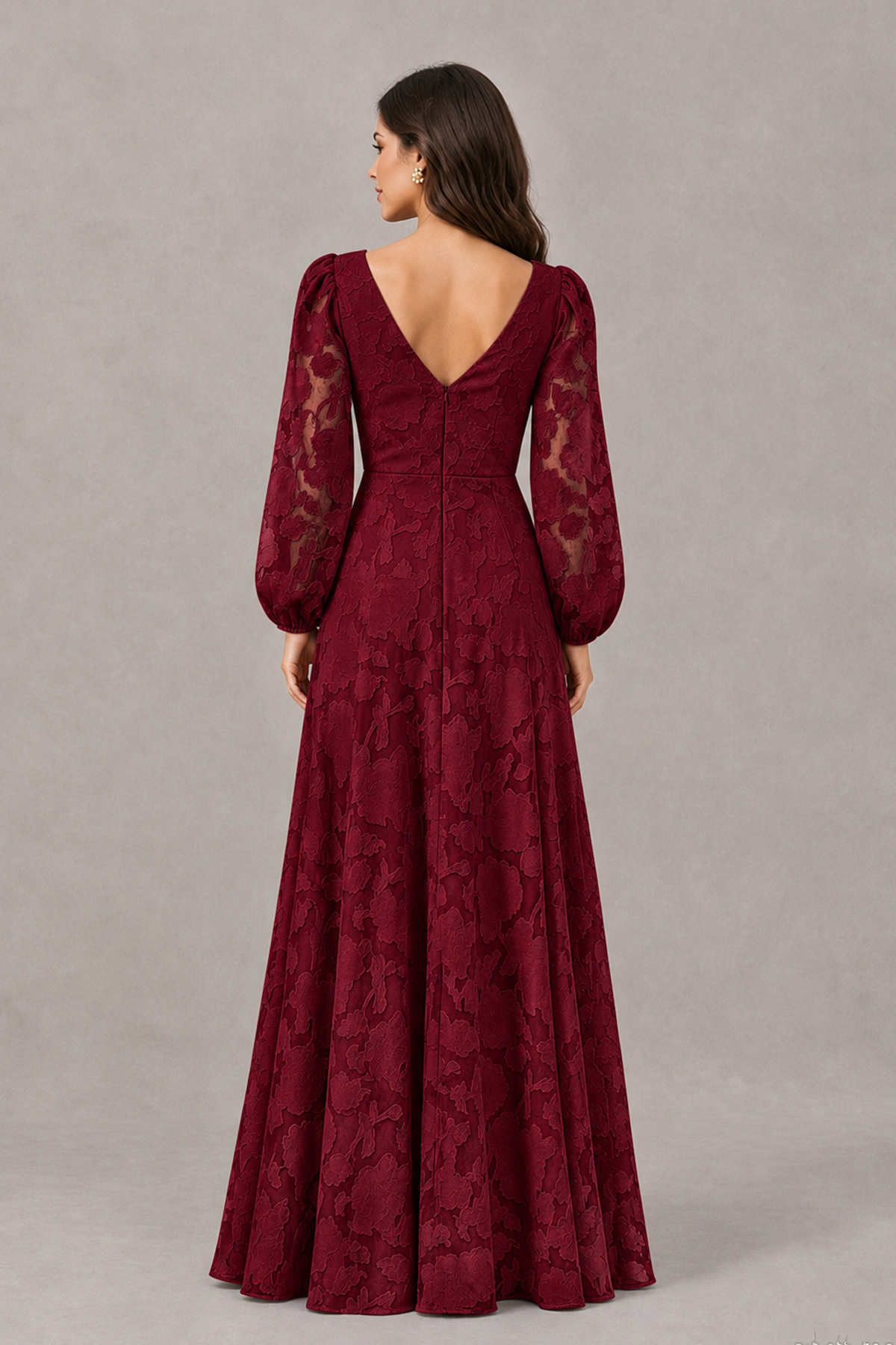 BOLODOO Burgundy Long Sleeve V-Neck A-Line Mother of the Bride Dress - Burgundy - Burgundy_2
