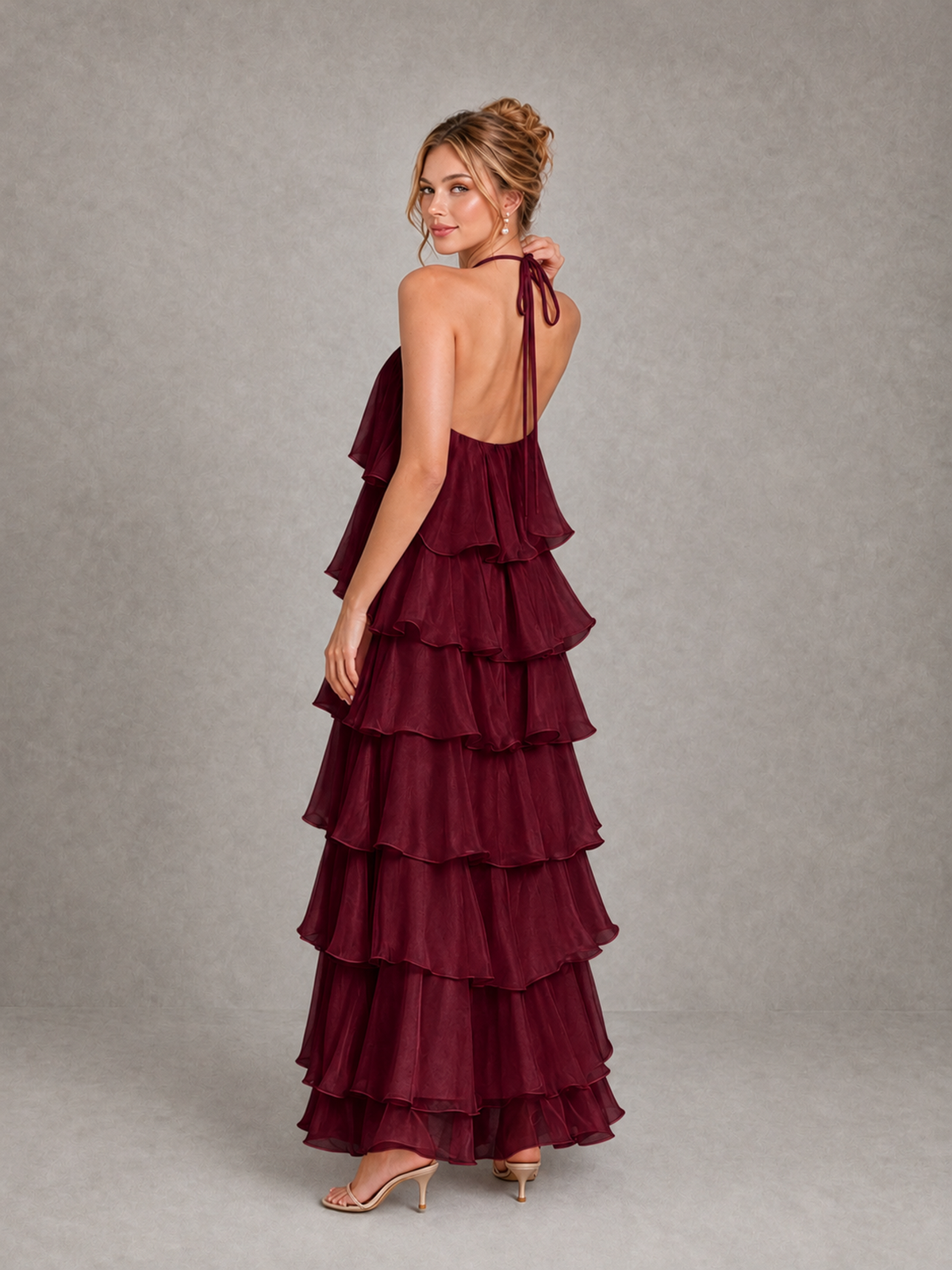 BOLODOO Burgundy Halter Tiered Ruffle Maxi Bridesmaid Dress - Burgundy - Burgundy_2