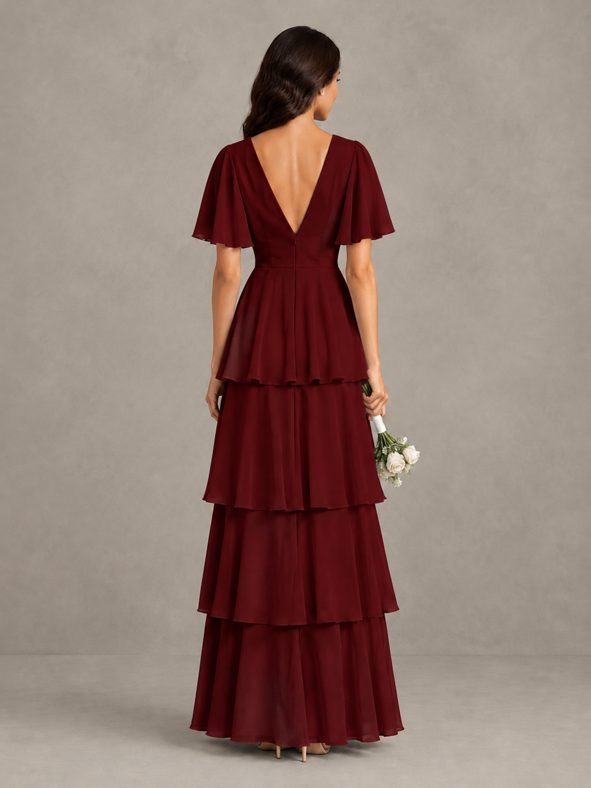 BOLODOO Burgundy Tiered Flutter Sleeve Bridesmaid Dress - Burgundy - Burgundy_2