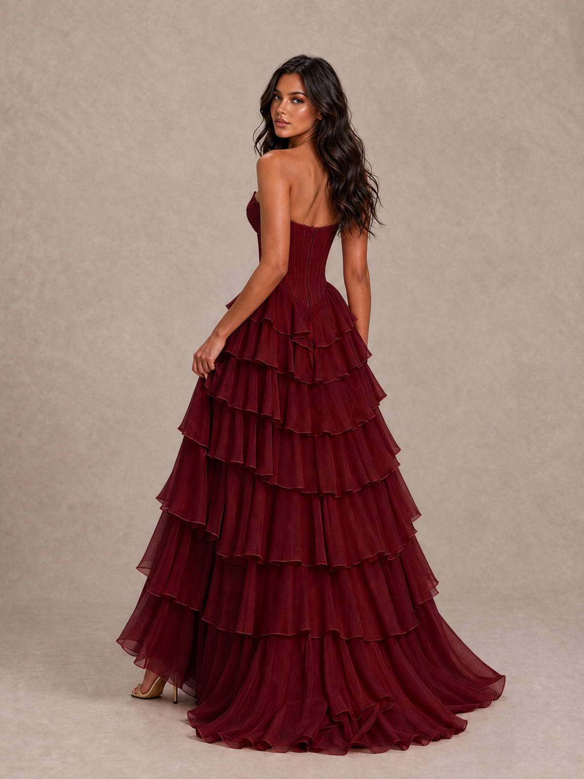 BOLODOO Burgundy Strapless Corset Tiered Ruffle Prom Dress with High Slit - Burgundy - Burgundy_2
