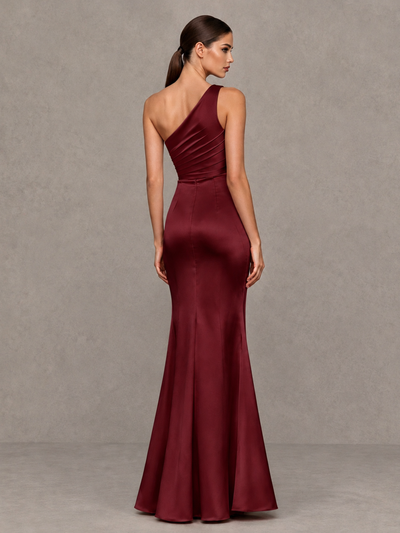 BOLODOO Burgundy One-Shoulder Ruched Satin-Look Evening Gown with High Slit - Burgundy - Burgundy_2