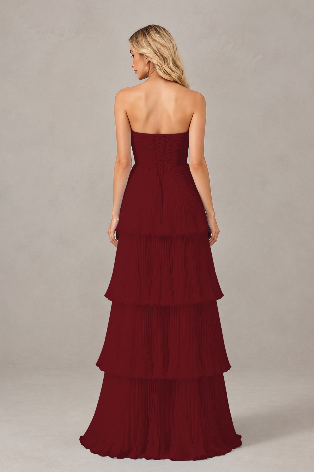 BOLODOO Burgundy Strapless Tiered Chiffon Maxi Dress - Burgundy