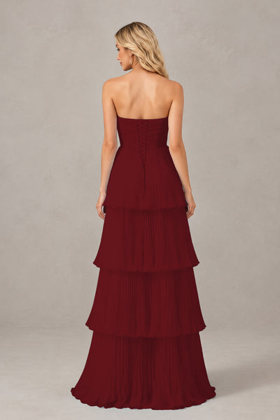 BOLODOO Burgundy Strapless Tiered Chiffon Maxi Dress - Burgundy