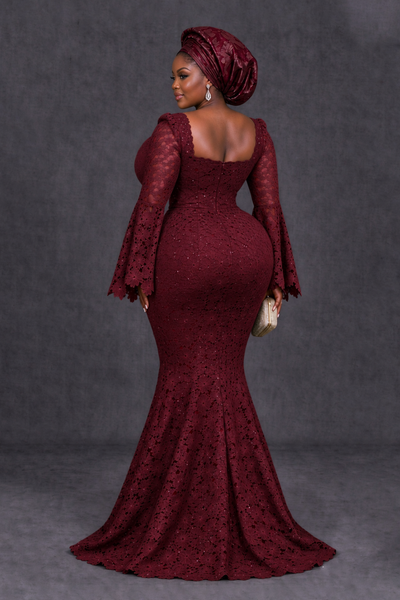 BOLODOO Burgundy African Lace Mermaid Dress, Plus Size Nigerian Wedding Guest Gown with Bell Sleeves - Burgundy - Burgundy_2