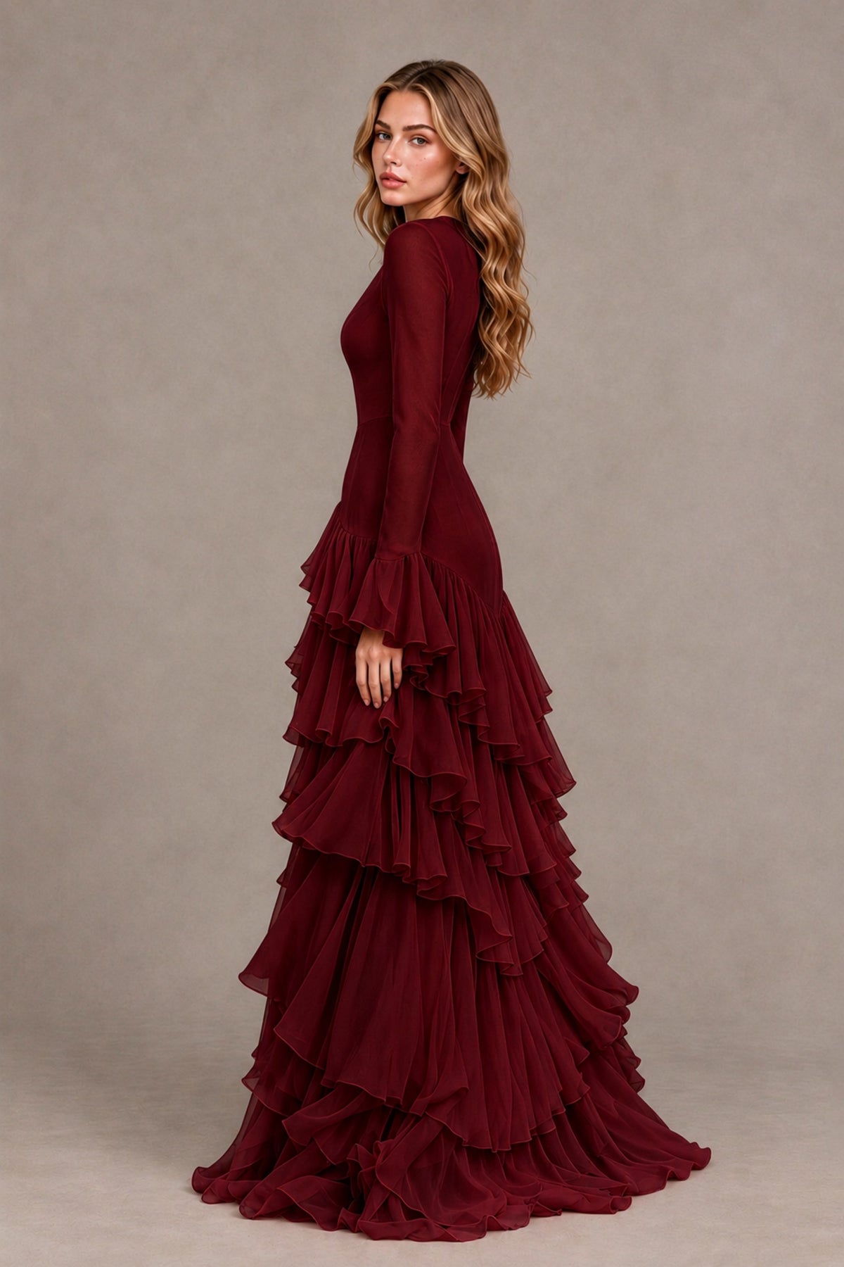 Burgundy Long Sleeve Tiered Ruffle Evening Gown - Burgundy - Burgundy_2