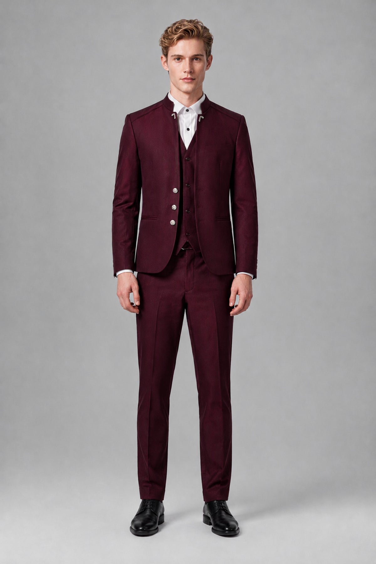 Bolodoo Men's Burgundy Mandarin Collar 3-Piece Suit – Jacket, Vest & Trousers - Burgundy - Burgundy_2