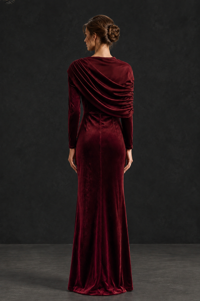 BOLODOO Burgundy Velvet Long Sleeve Draped Mother of the Bride Dress - Burgundy - Burgundy_2