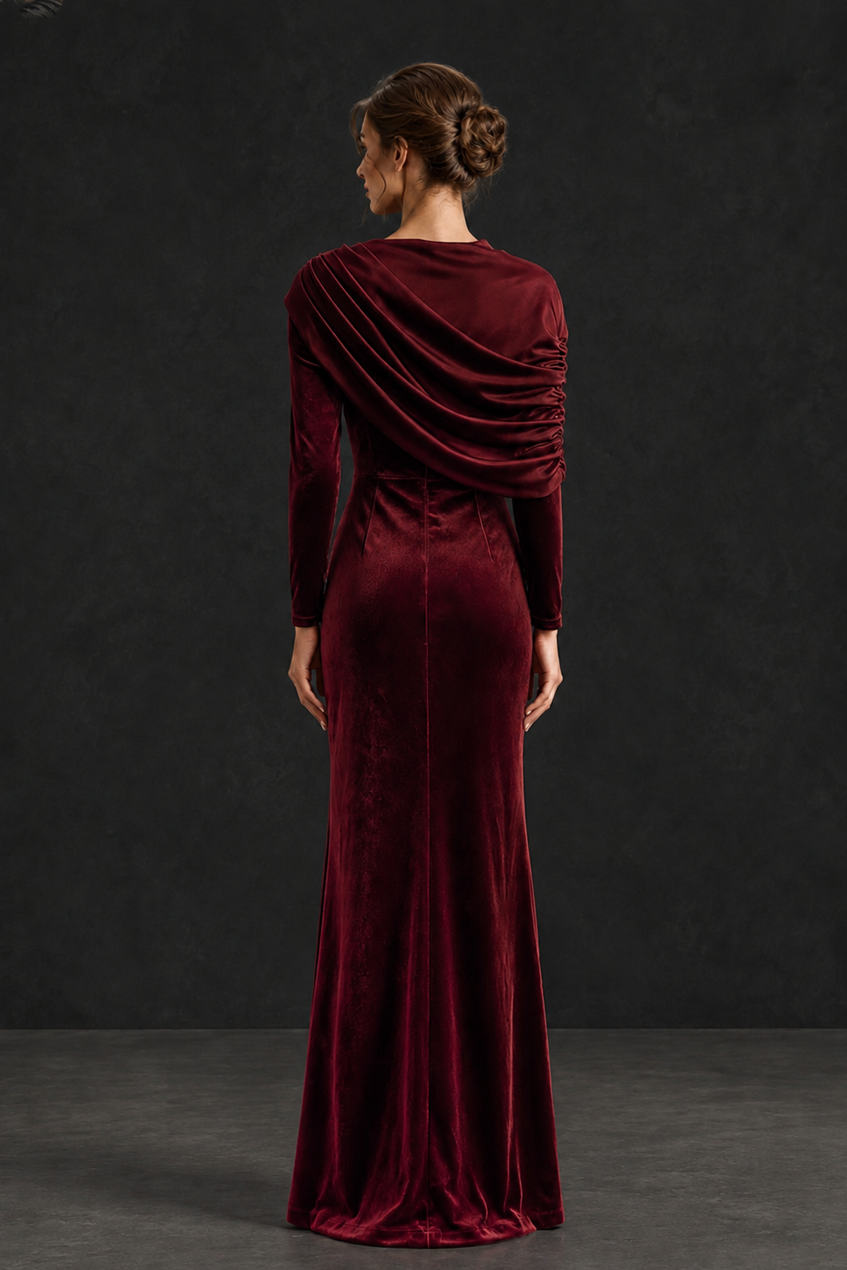 BOLODOO Burgundy Velvet Long Sleeve Draped Mother of the Bride Dress - Burgundy - Burgundy_2