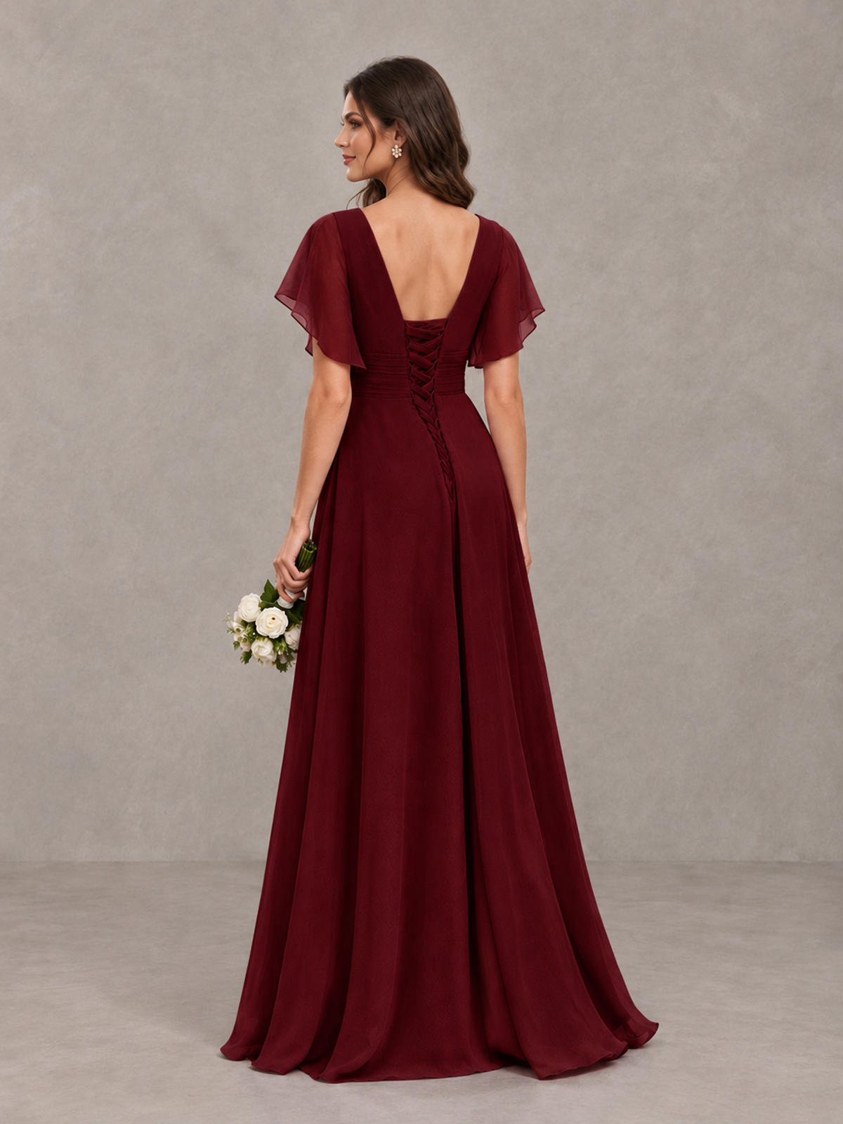 BOLODOO Burgundy Flutter Sleeve V-Neck Bridesmaid Dress with Ruffle Slit - Burgundy - Burgundy_2