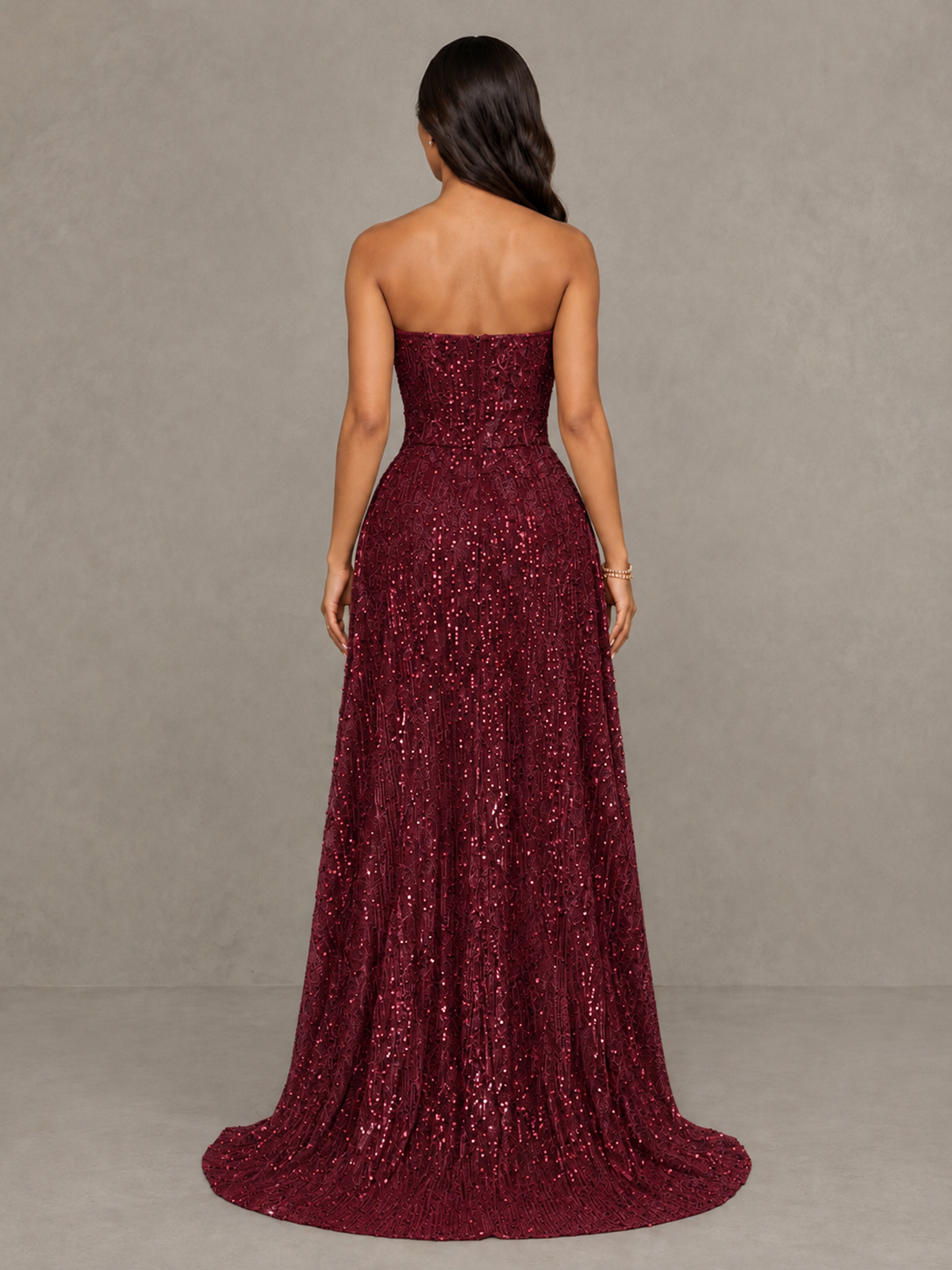 BOLODOO Burgundy Sequin Strapless Mini Dress with High Low Overskirt - Burgundy - Burgundy_2
