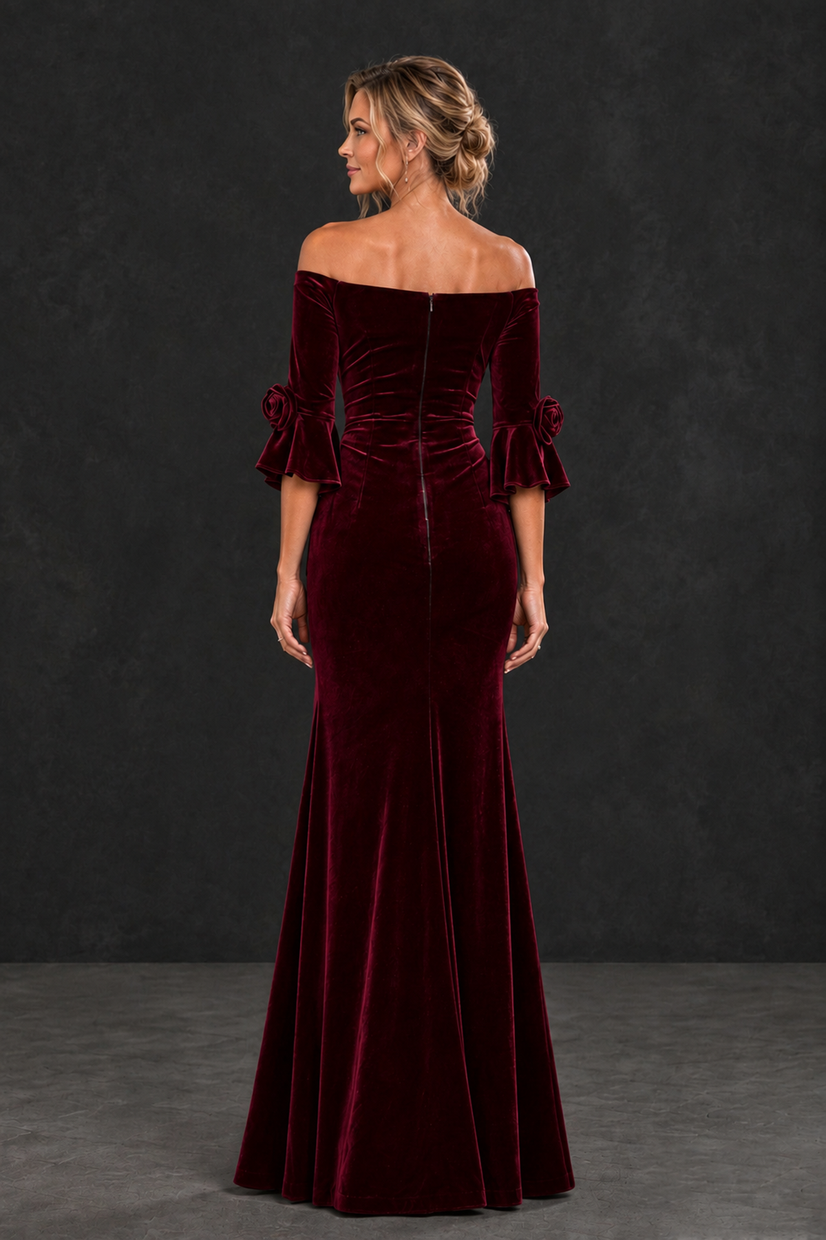 BOLODOO Burgundy Velvet Off-Shoulder Mother of the Bride Dress – 3/4 Floral Cuff Sleeve Mermaid Evening Gown - Burgundy - Burgundy_2