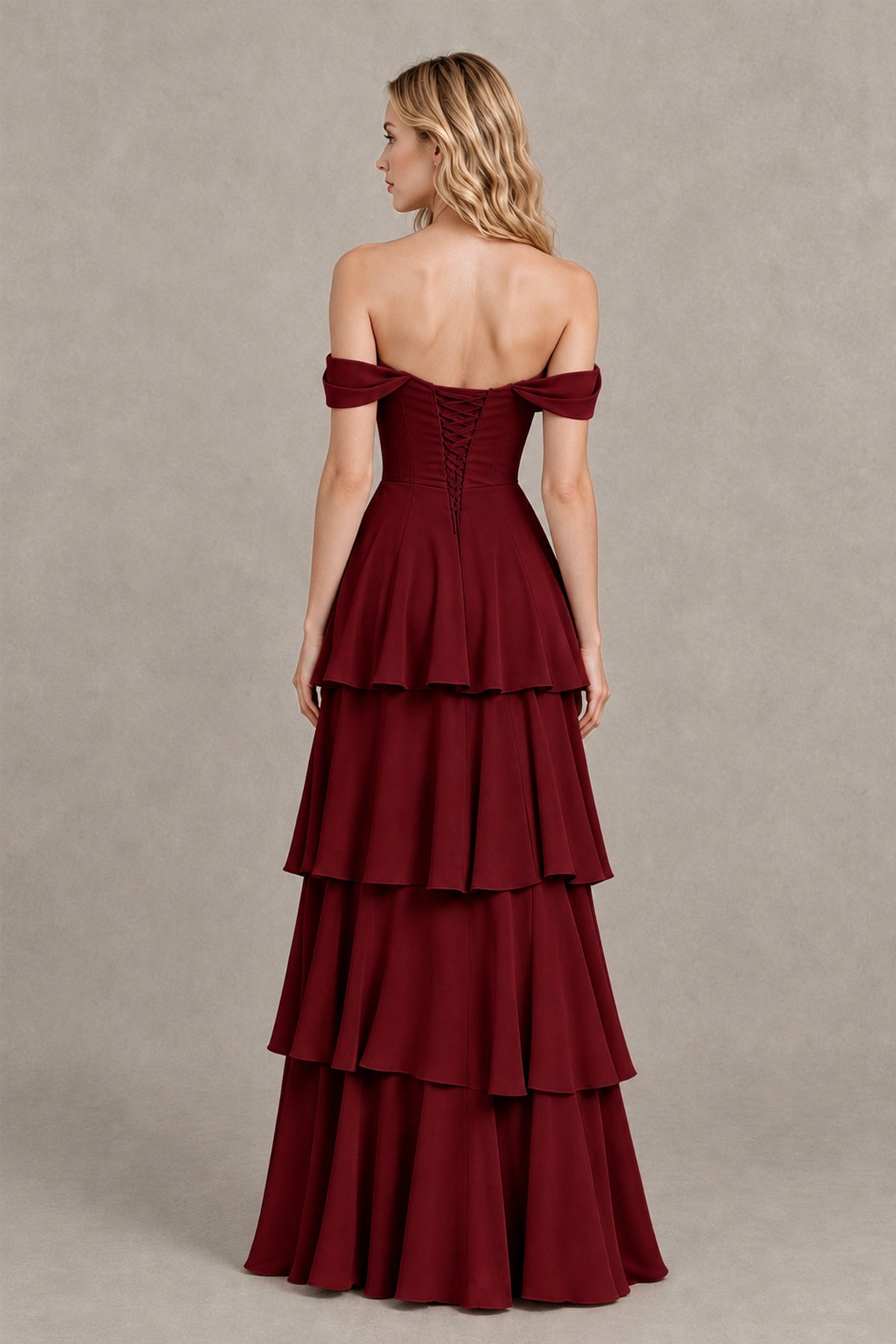 BOLODOO Burgundy Off-the-Shoulder Tiered A-Line Evening Bridesmaid Dress - Burgundy - Burgundy_2