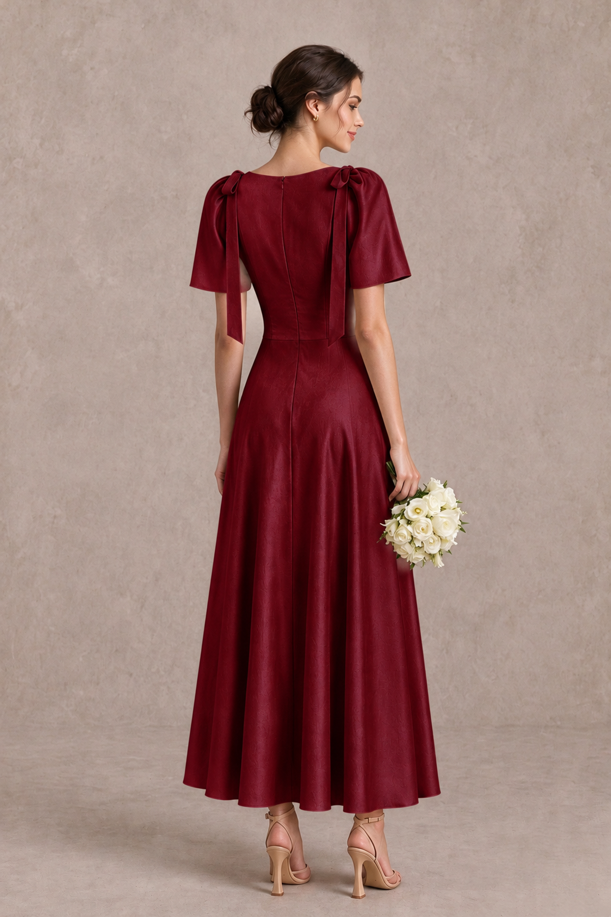 BOLODOO Burgundy V-Neck Short Sleeve Satin-Look Bridesmaid Dress with Shoulder Bows - Burgundy - Burgundy_2