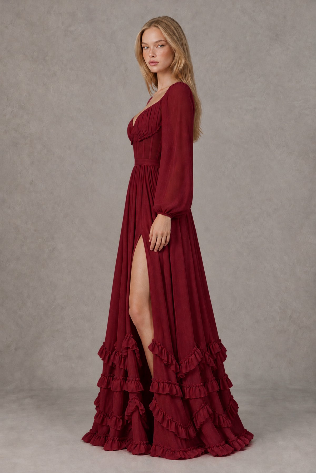 Burgundy Long-Sleeve Ruffle Maxi Dress with Lace-Up Back and Slit - Burgundy