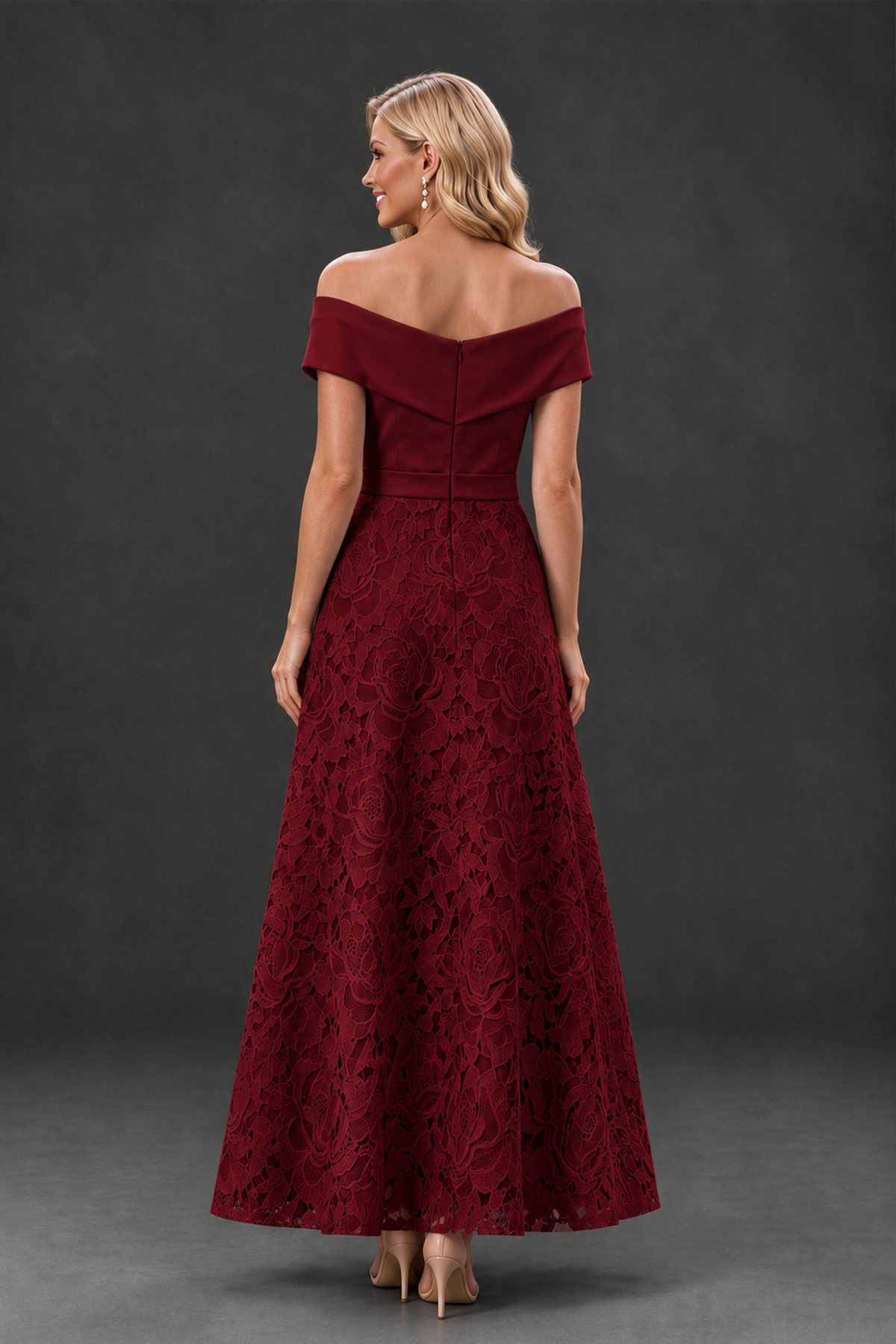 BOLODOO Burgundy Off-the-Shoulder Floral A-Line Mother of the Bride Dress - Burgundy - Burgundy_2