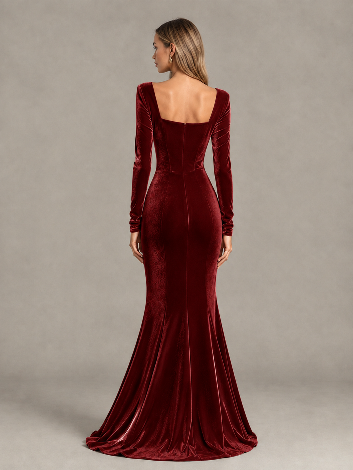 BOLODOO Burgundy Velvet-Look Square Neck Long Sleeve Mermaid Evening Dress - Burgundy - Burgundy_2