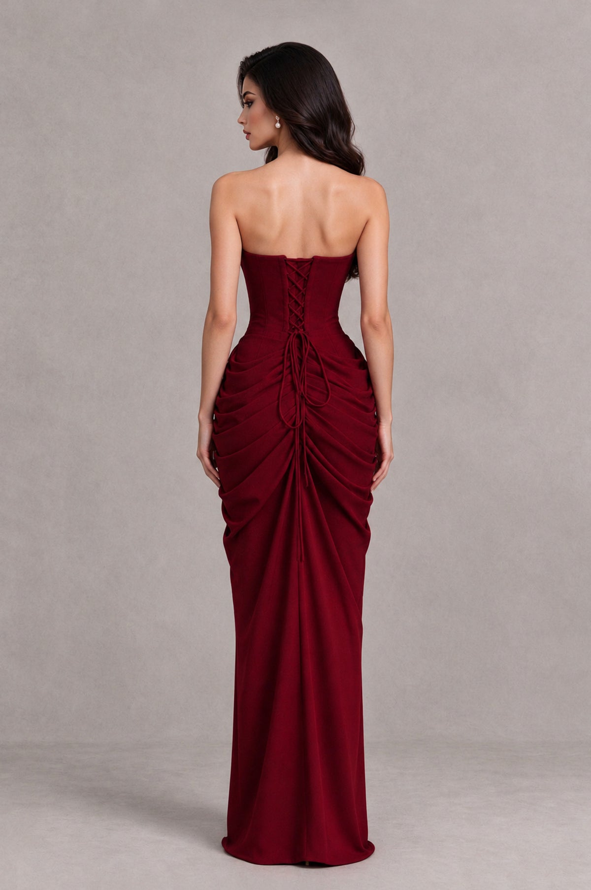 BOLODOO Burgundy Strapless Ruched Corset Evening Gown - Burgundy - Burgundy_2