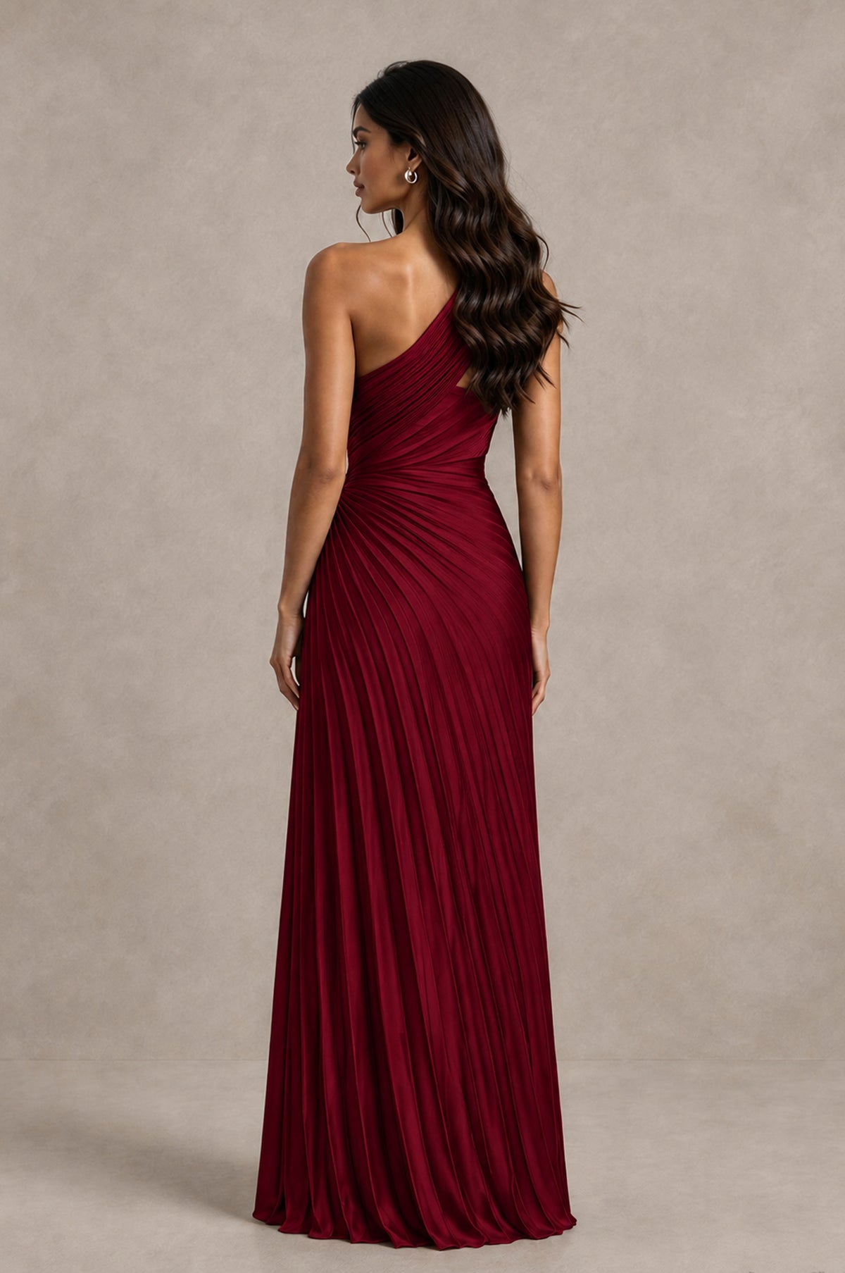 BOLODOO Burgundy One Shoulder Pleated Evening Dress with Ruched Waist and High Slit - Burgundy - Burgundy_2
