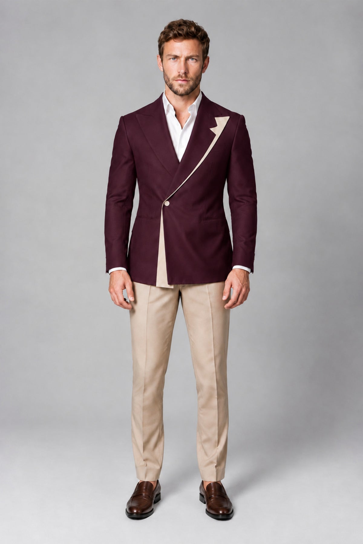 BOLODOO Men's Burgundy Double-Breasted Blazer & Khaki Trousers Tuxedo 2-Piece Suit Set - Burgundy - Burgundy_2
