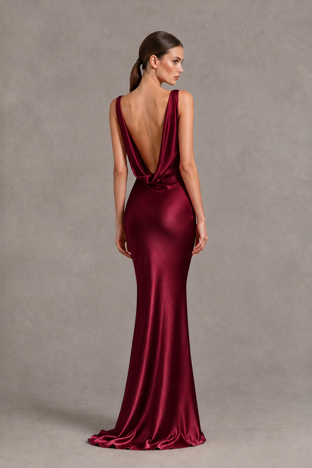 BOLODOO Burgundy Cowl Neck Backless Satin Mermaid Evening Dress - Burgundy - Burgundy_2