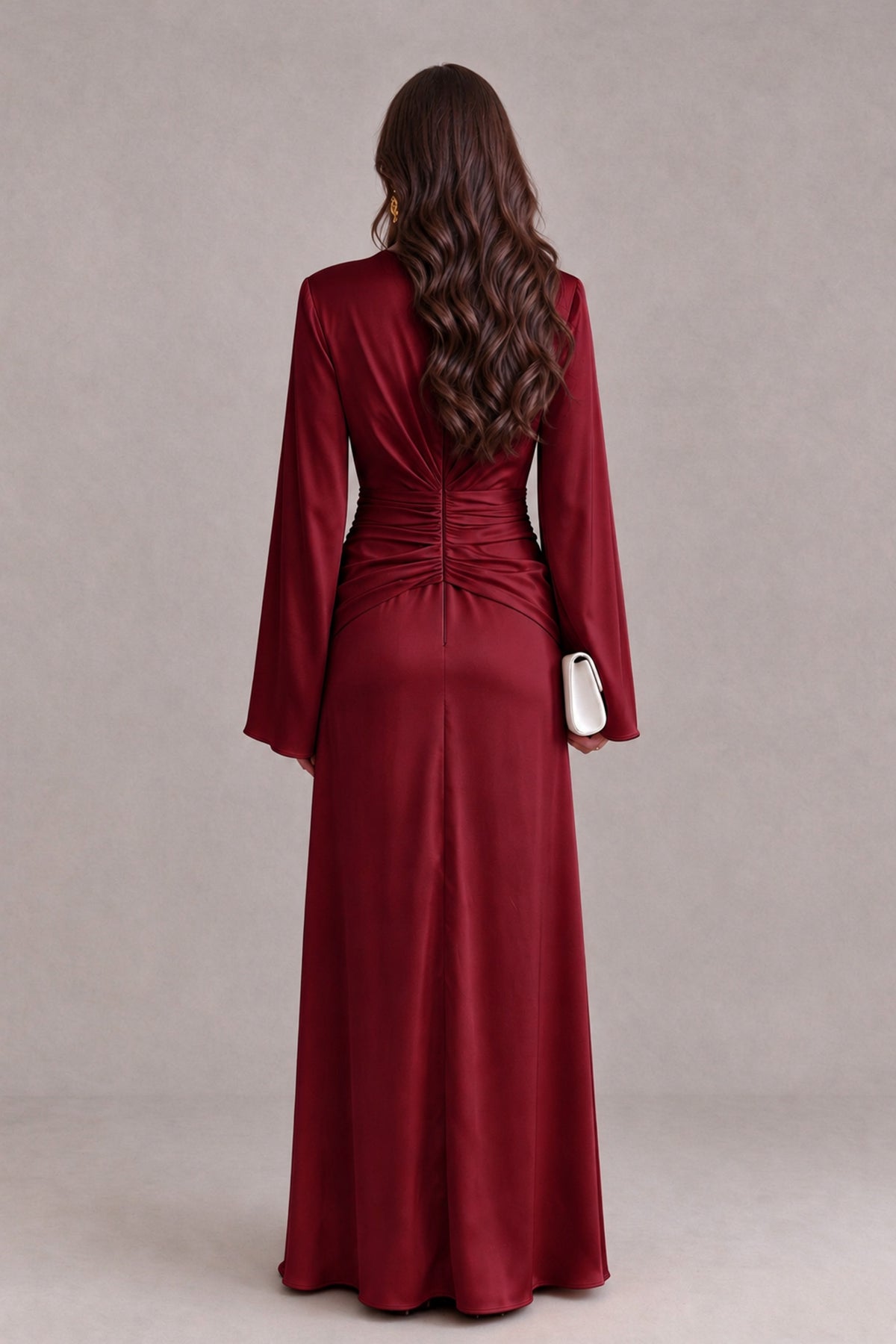 BOLODOO Burgundy Yellow Satin-Look V-Neck Long Bell Sleeve Evening Dress - Burgundy - Burgundy_2