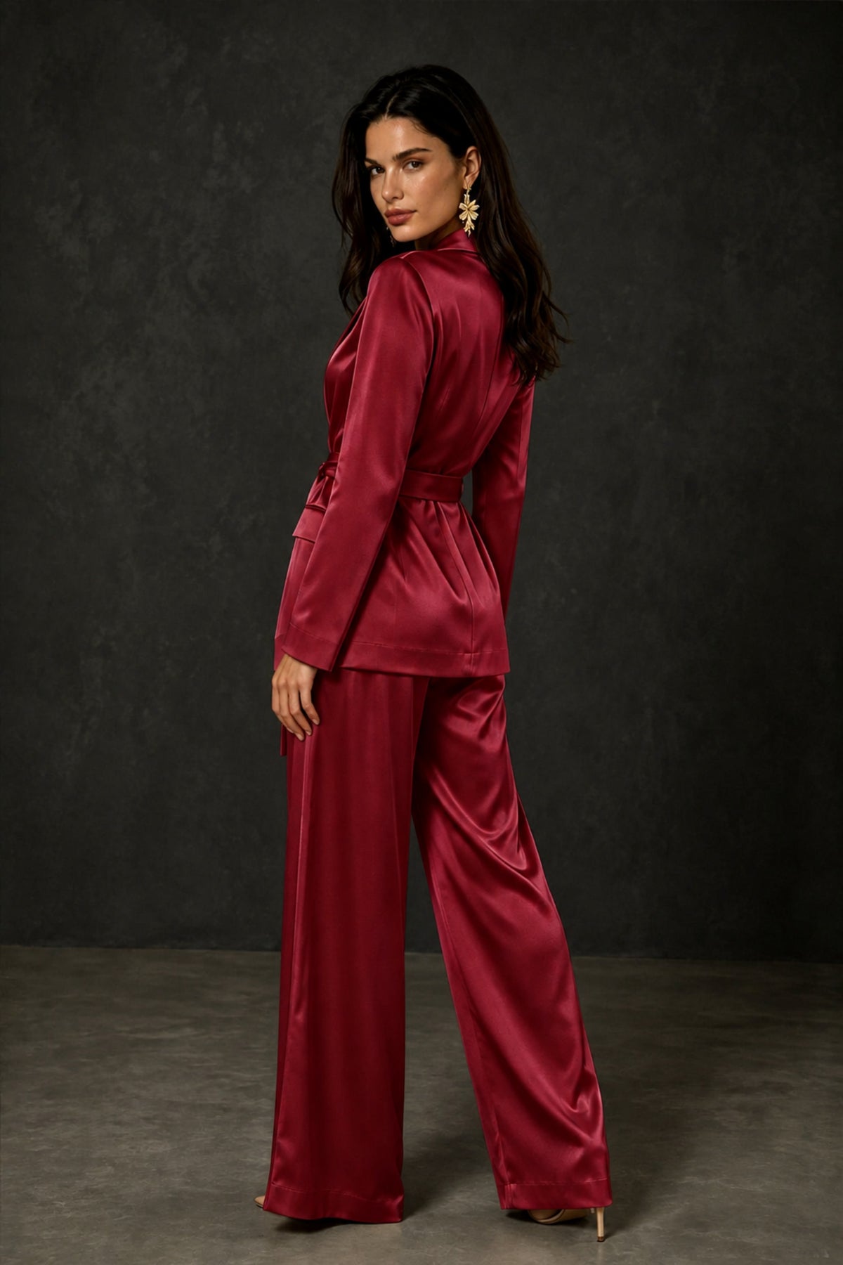 BOLODOO Burgundy Satin Wrap Blazer Wide-Leg Pants Two-Piece Suit Set – Evening Gala Wedding Guest - Burgundy