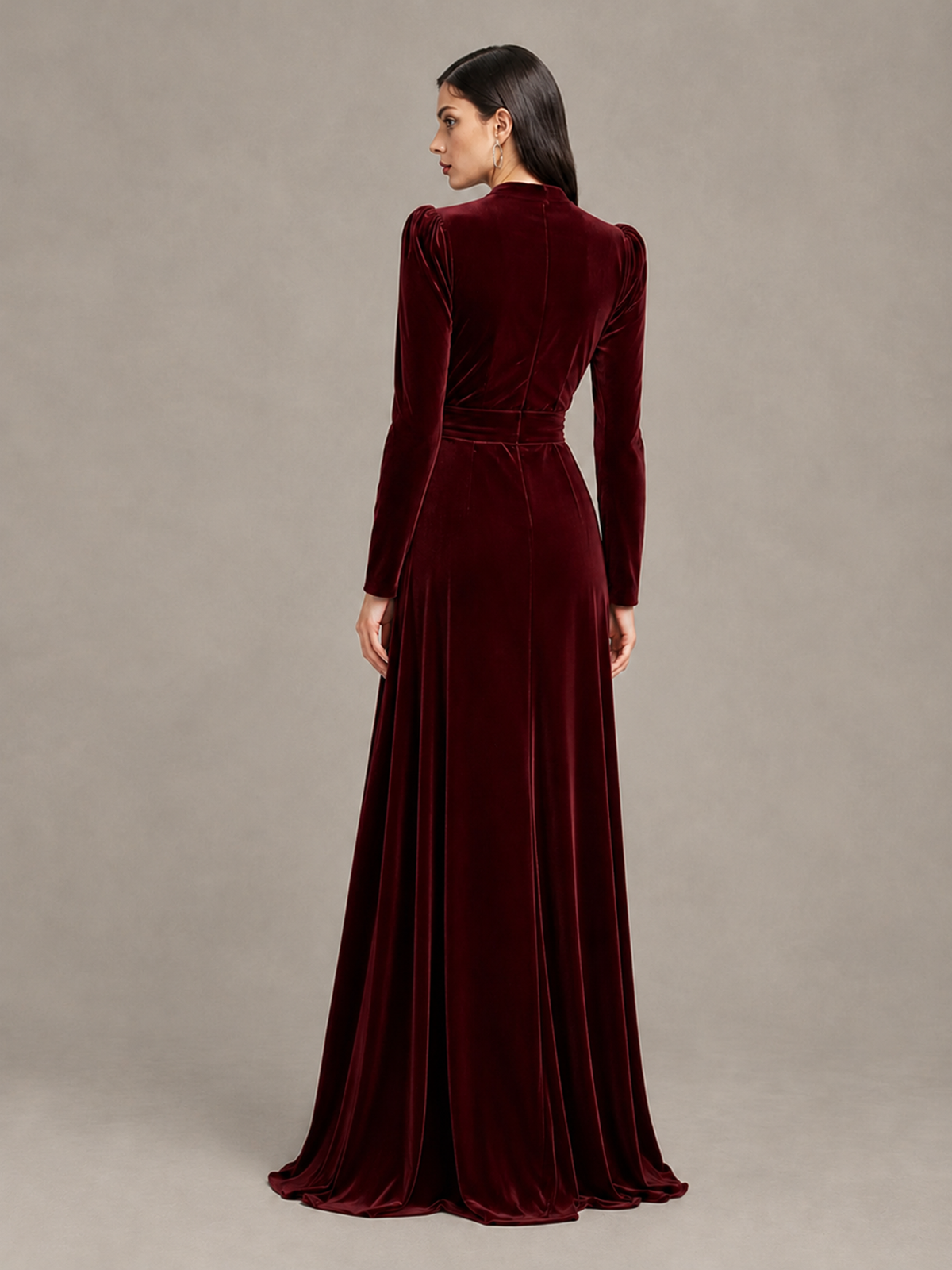 BOLODOO Burgundy Long Sleeve Velvet-Look Evening Dress with High Slit - Burgundy - Burgundy_2